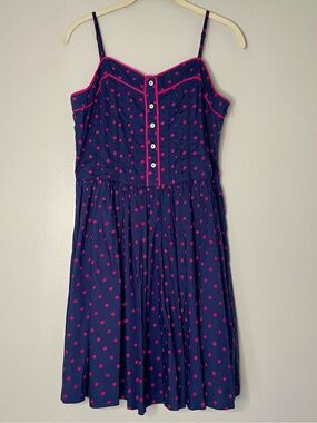 Johnnie B by Boden Pink Polka Dot Print Navy Blue Cotton Dress NWT